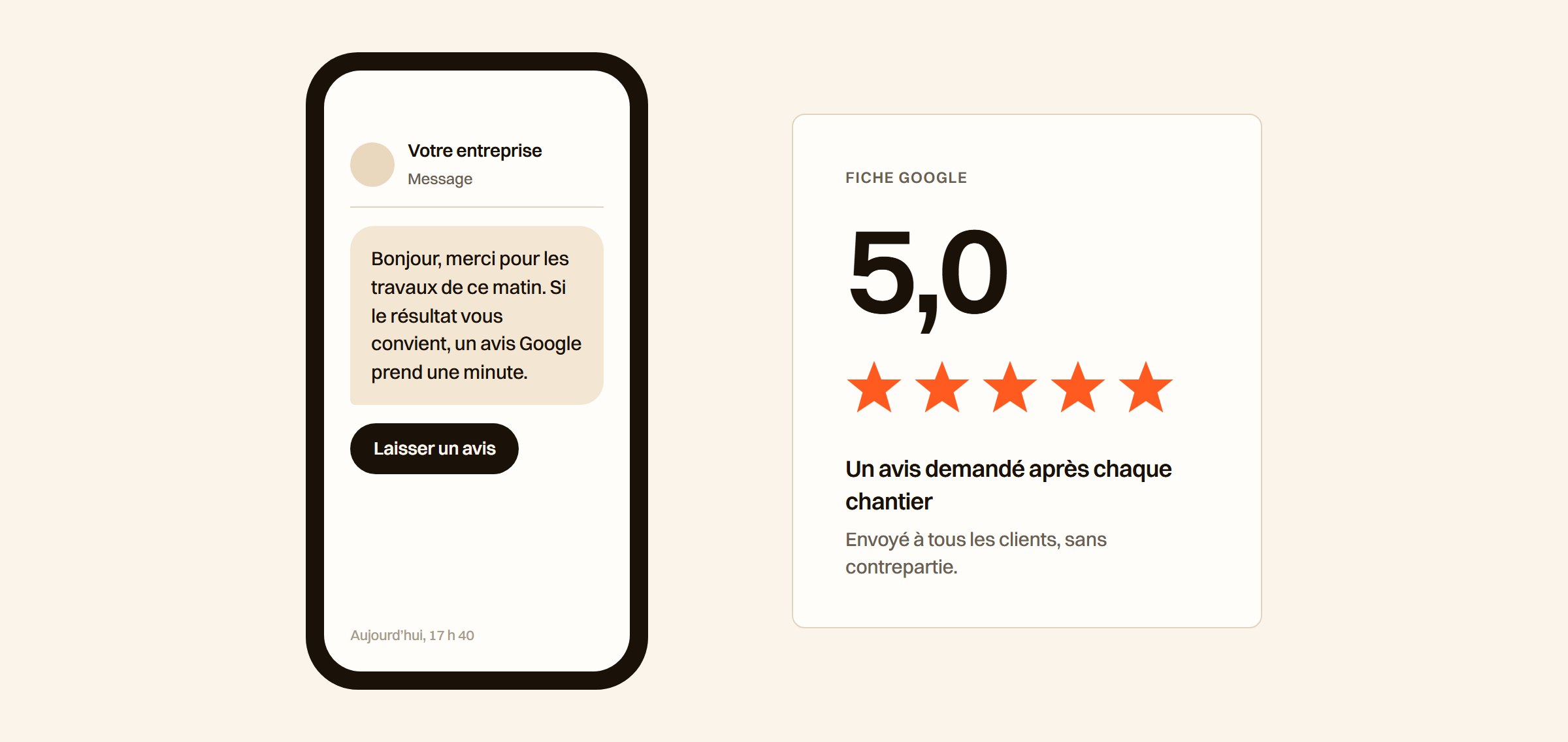 Un SMS de demande d'avis affiché sur un écran de téléphone simplifié, à côté d'une fiche avec la note 5,0 et cinq étoiles orange