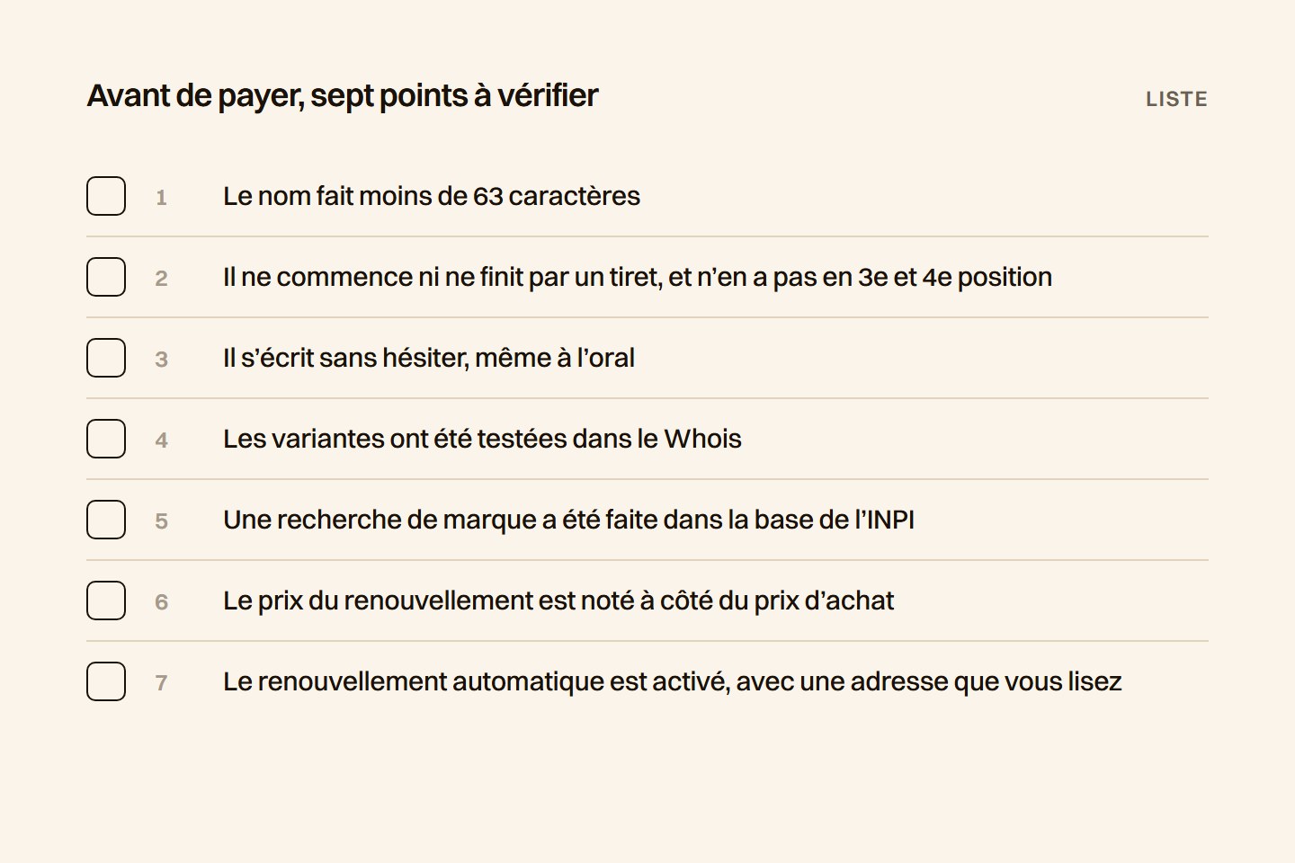 Liste à cocher de sept points avant d'acheter un nom de domaine en .fr, de la longueur du nom au renouvellement automatique